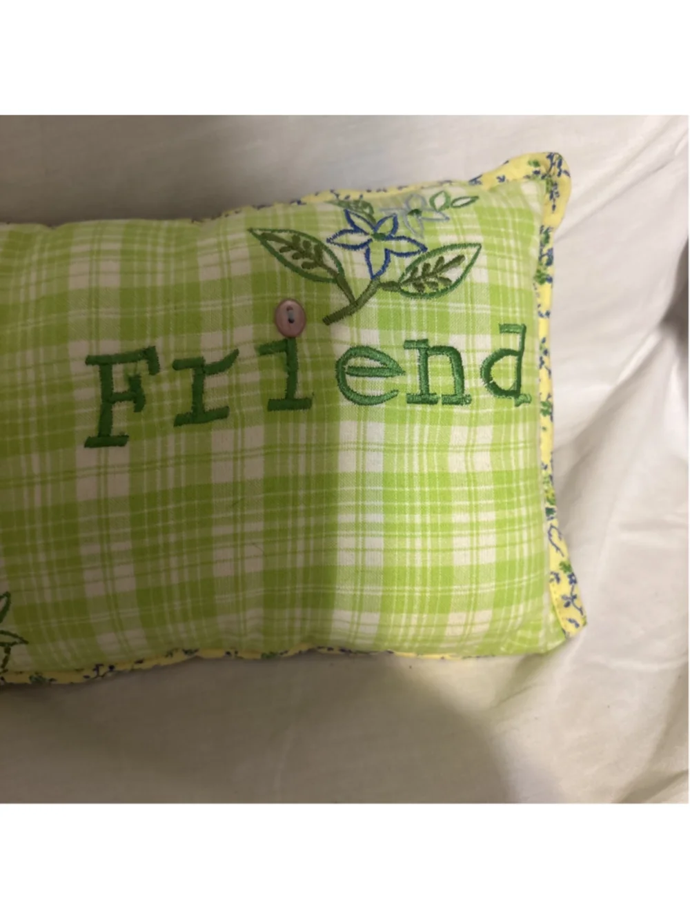 April Cornell Sweet Floral Green Plaid 12”x8” Pillow. Says “Girl Friend” On It.